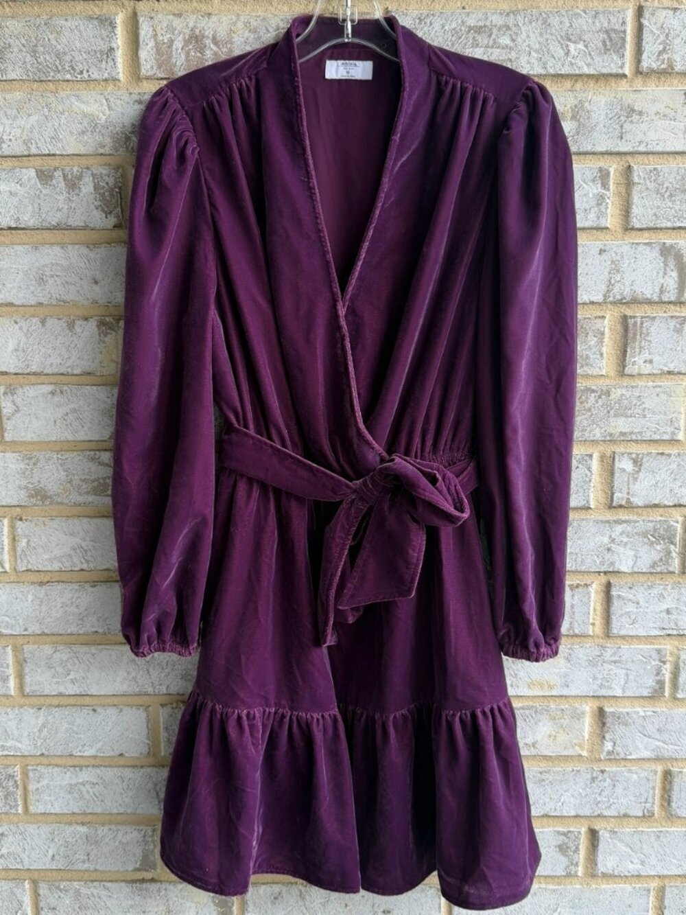 UNTUCKit Long Sleeve V-Neck Faux Wrap Belted Purple Velour Dress Women's Size M